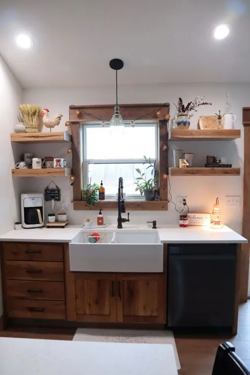 Rustic hickory kitchen with a farmhouse sink and open floating shelves