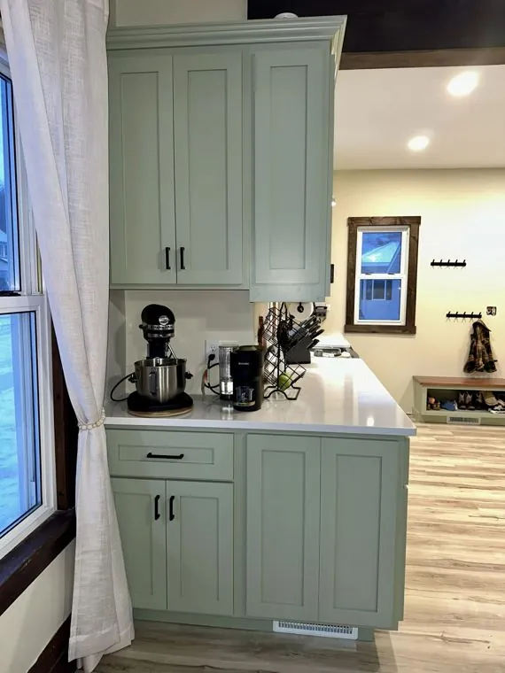 Painted maple pantry tower and baking station — built by Amish Heritage Woodworks, Wisconsin